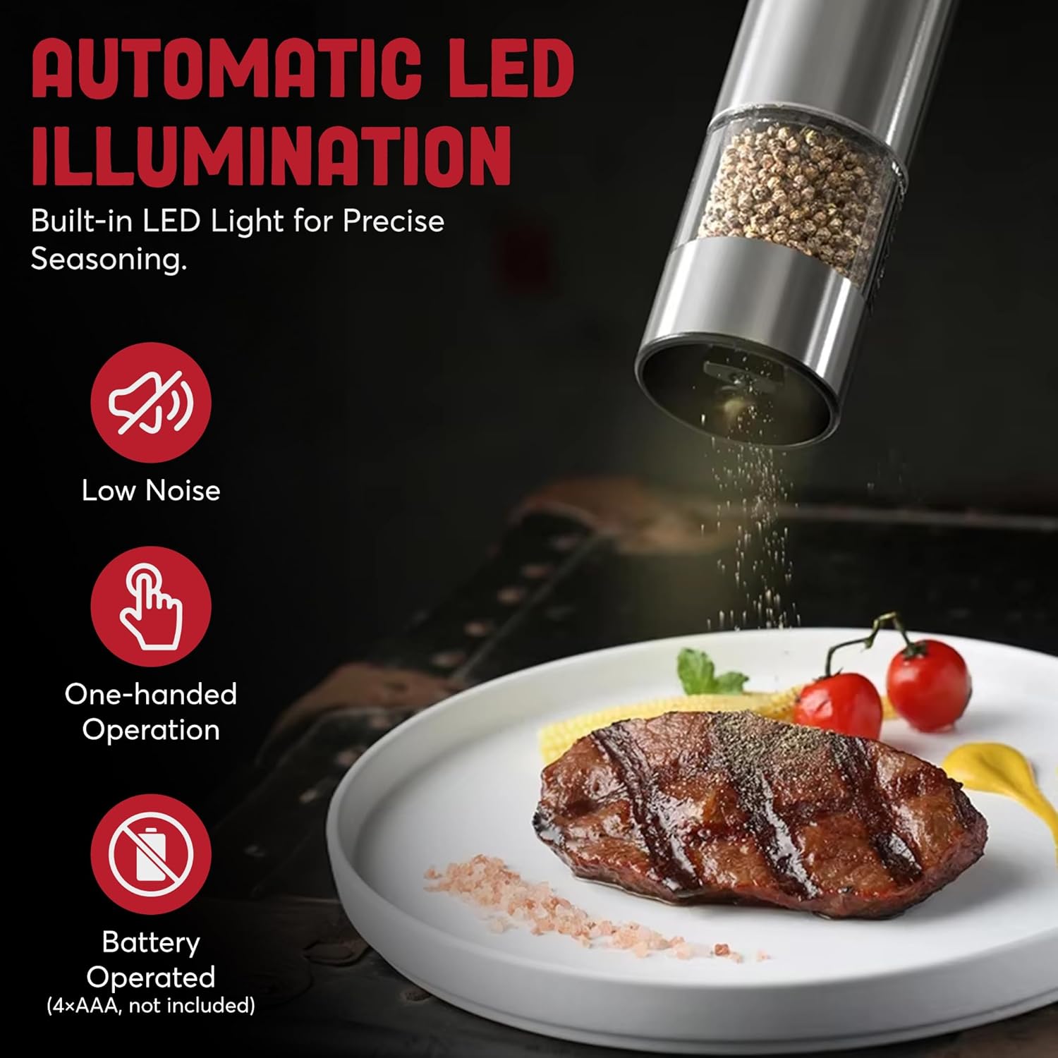 Electric Salt and Pepper Grinder Set | Stainless Steel Battery-Operated Mills with Adjustable Coarseness & LED Light (2-Pack)