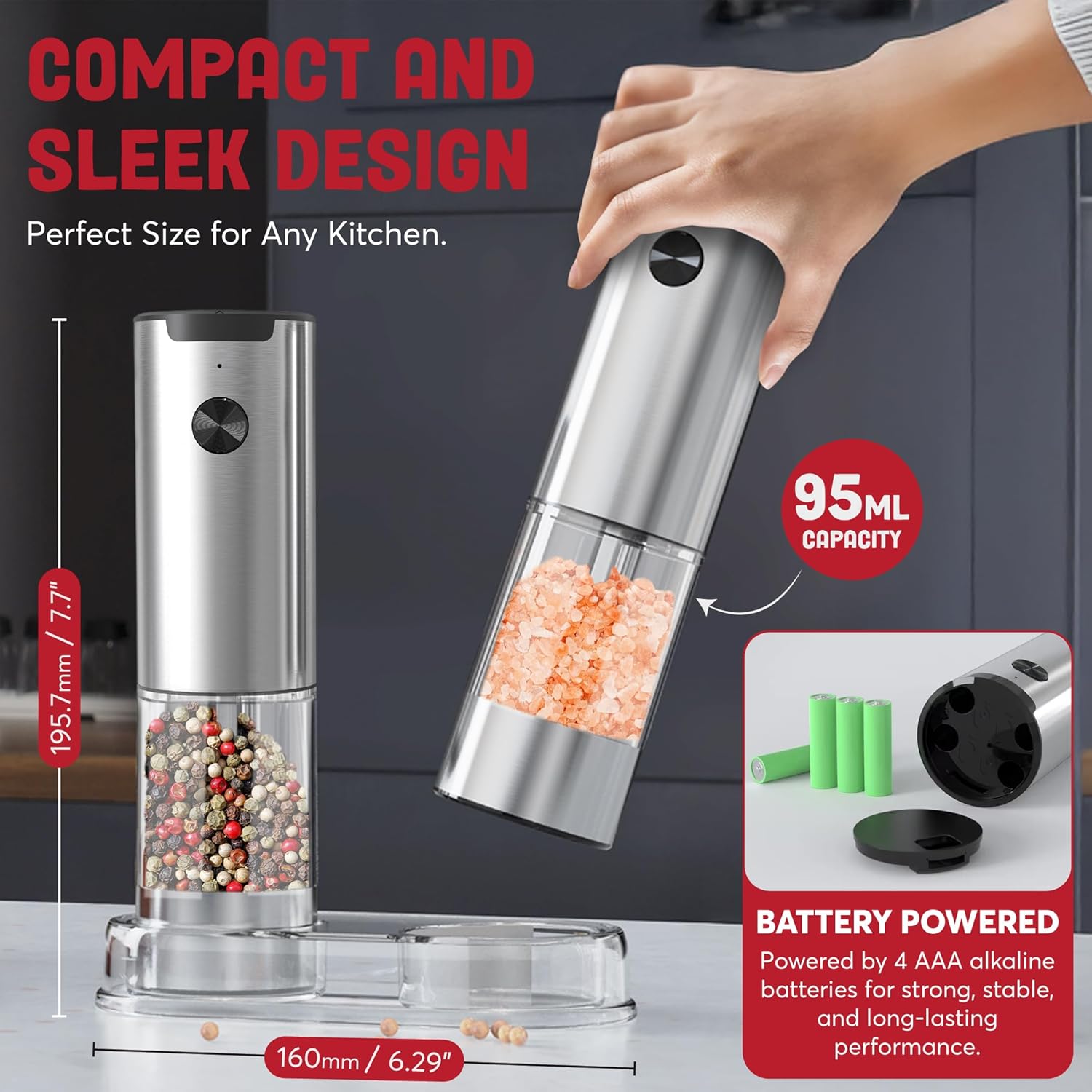 Electric Salt and Pepper Grinder Set | Stainless Steel Battery-Operated Mills with Adjustable Coarseness & LED Light (2-Pack)
