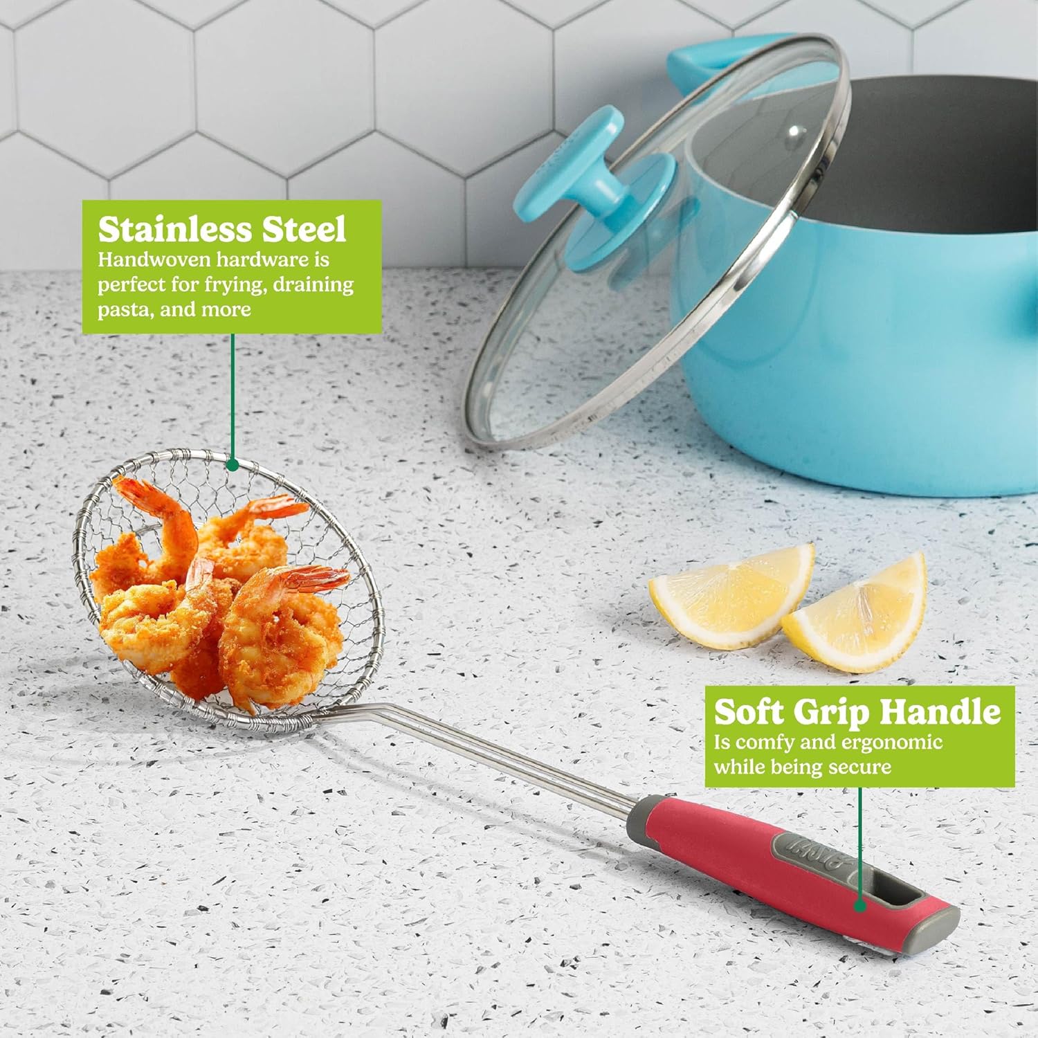 Stainless Steel Wire Skimmer Spoon | Round Strainer Ladle with Comfort Grip Handle for Frying, Scooping & Serving