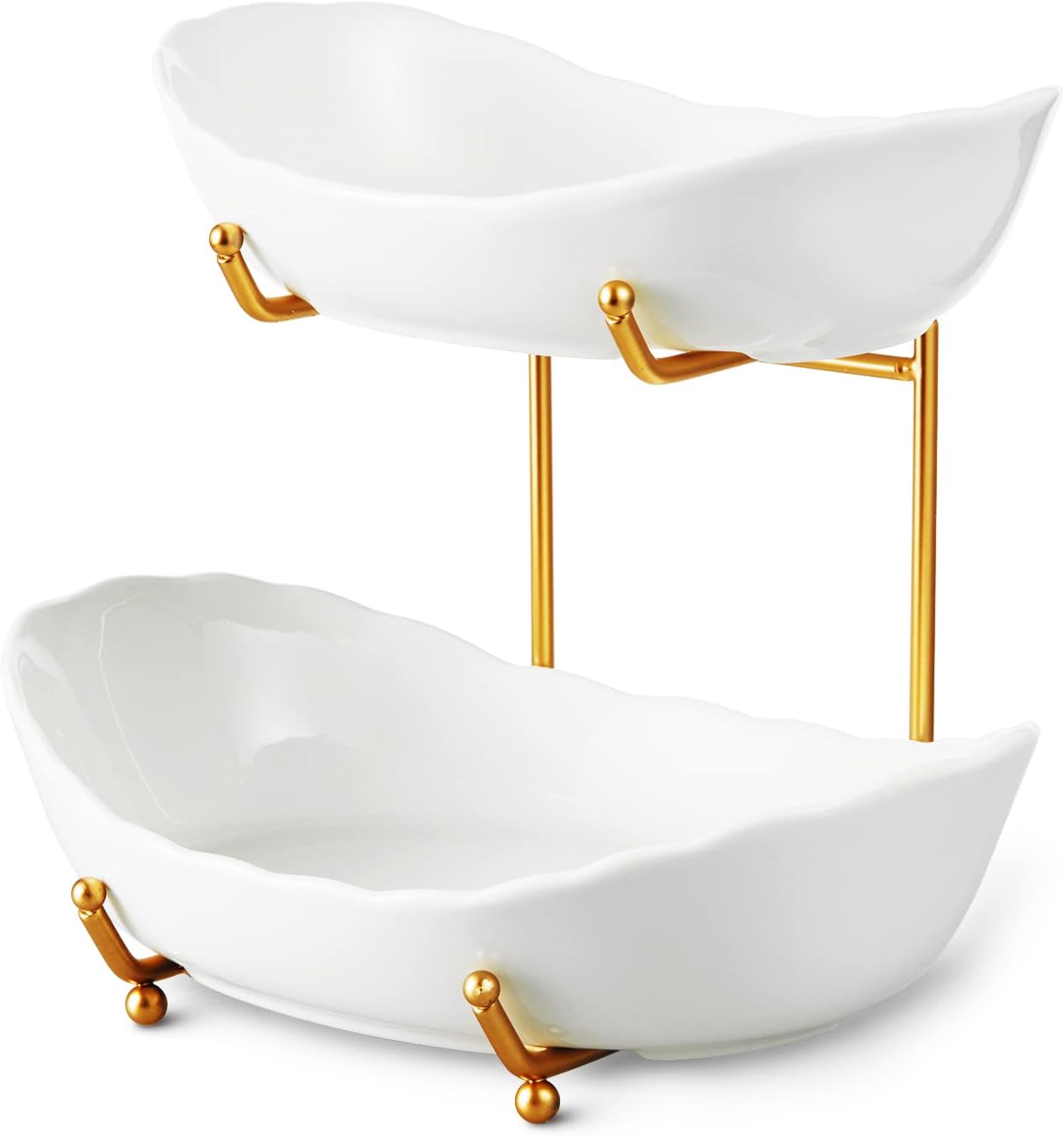 2-Tier Ceramic Fruit Bowl for Kitchen Counter | Modern Gold & White Tiered Fruit Stand for Countertop and Party Display