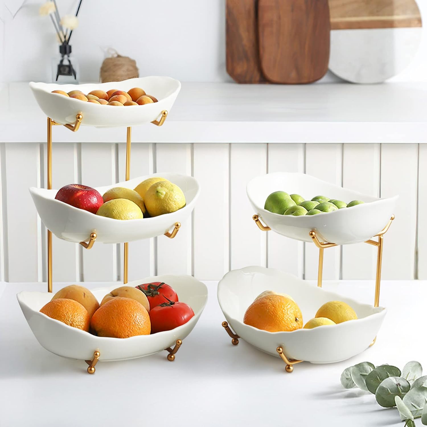 2-Tier Ceramic Fruit Bowl for Kitchen Counter | Modern Gold & White Tiered Fruit Stand for Countertop and Party Display
