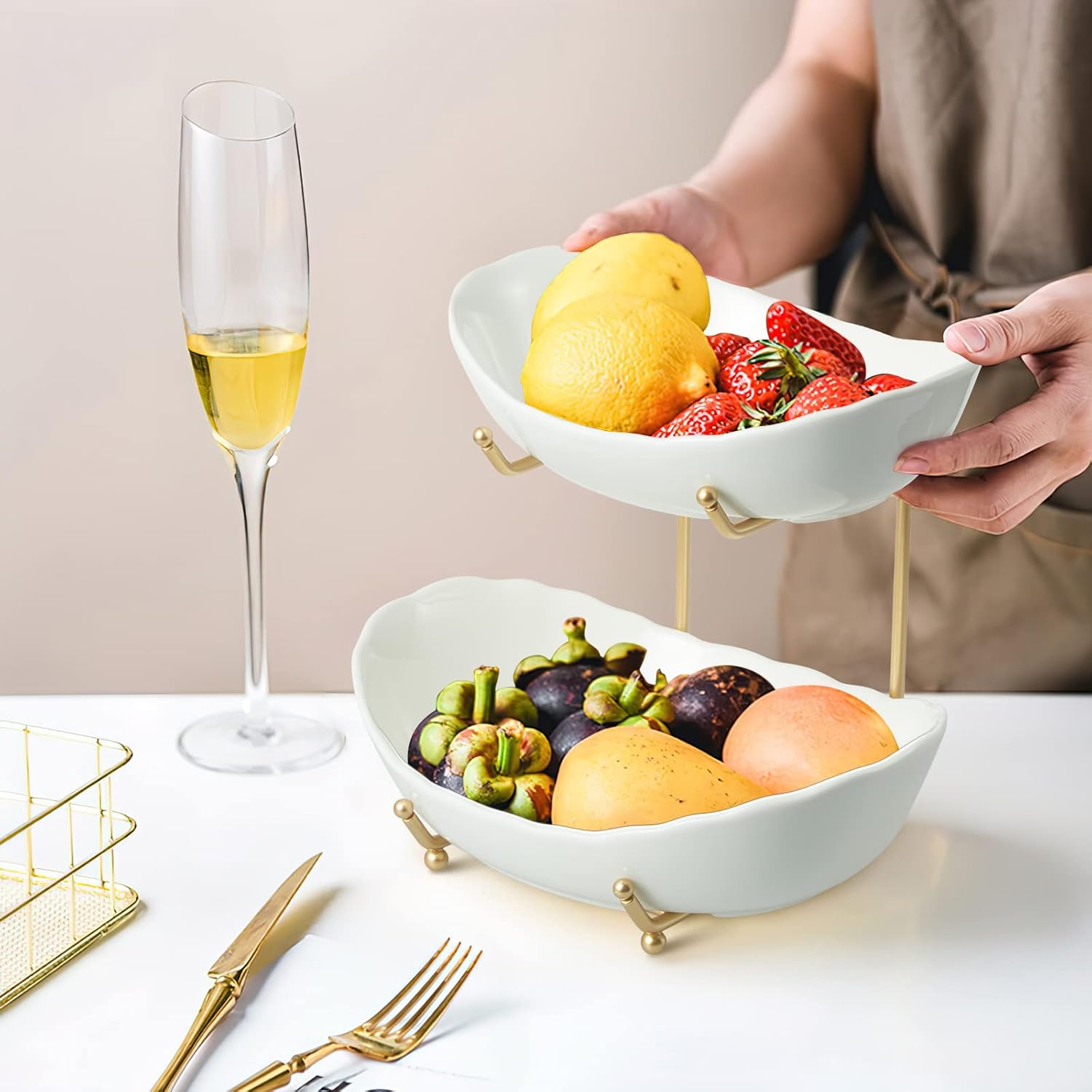 2-Tier Ceramic Fruit Bowl for Kitchen Counter | Modern Gold & White Tiered Fruit Stand for Countertop and Party Display