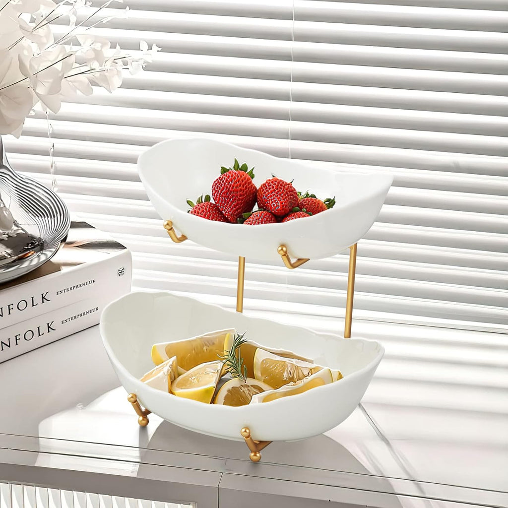 Modern Two-Tier Ceramic Fruit Bowl | Gold & White Countertop Fruit Basket Stand for Kitchen and Dining Table