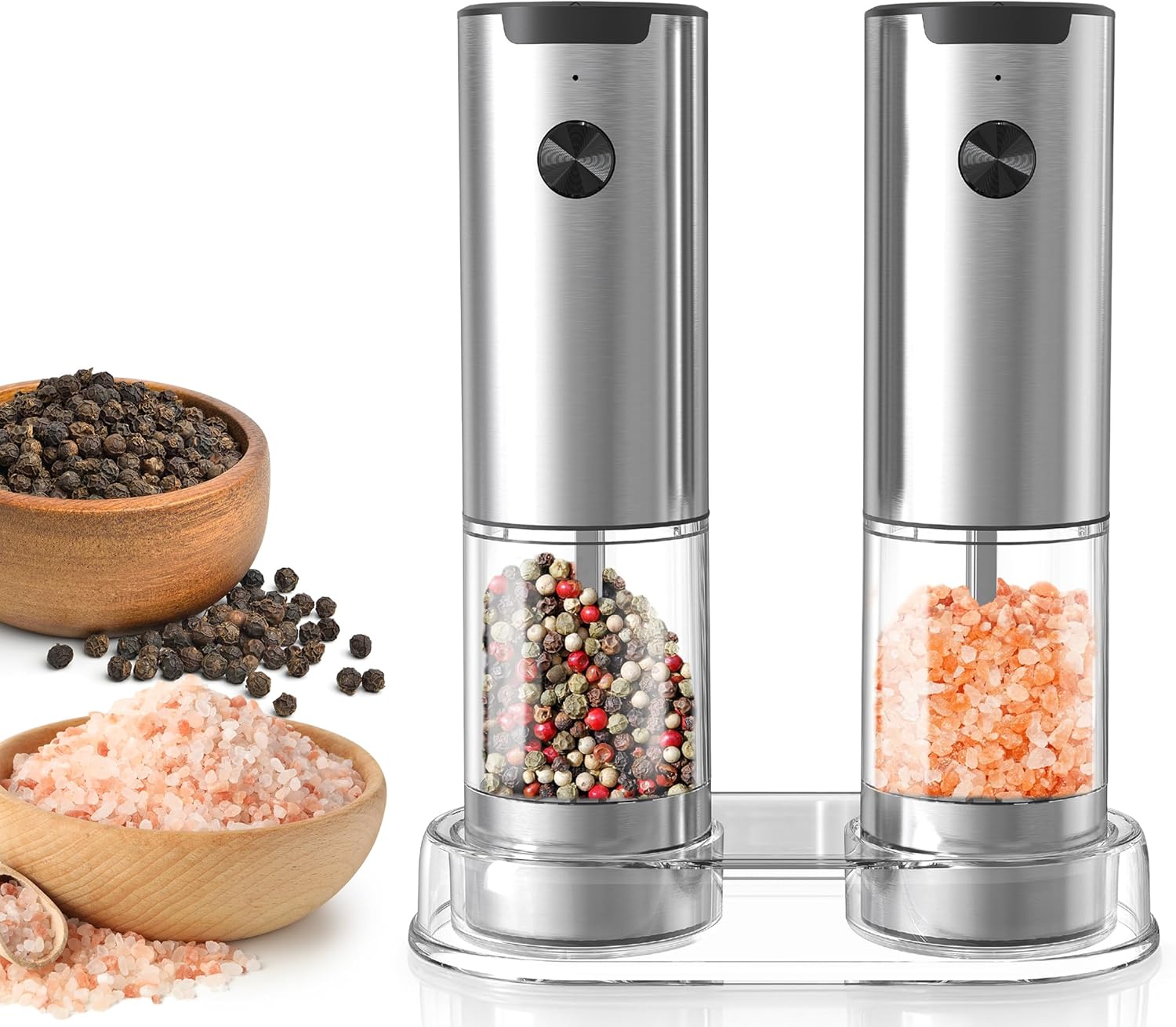 Electric Salt and Pepper Grinder Set | Battery-Operated Stainless Steel Mills with Adjustable Coarseness, One-Hand Operation, LED Light & Stand (2-Pack)