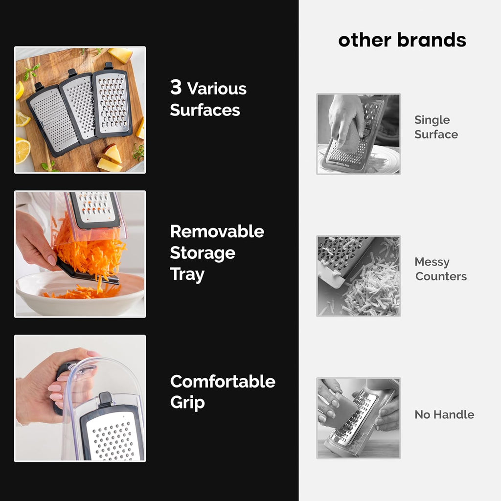 3-in-1 Stainless Steel Cheese Grater & Vegetable Shredder | Box Grater with Handle, Interchangeable Blades & Garlic Peeler