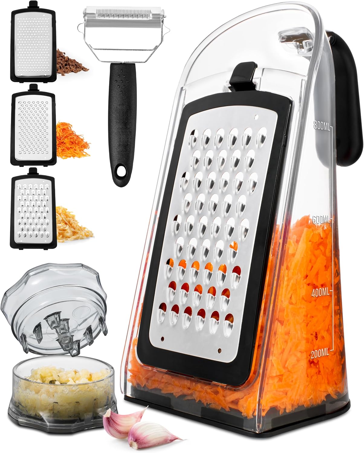 3-in-1 Stainless Steel Cheese Grater & Garlic Crusher | Box Vegetable Shredder with Handle, 3 Interchangeable Blades & Peeler Tool
