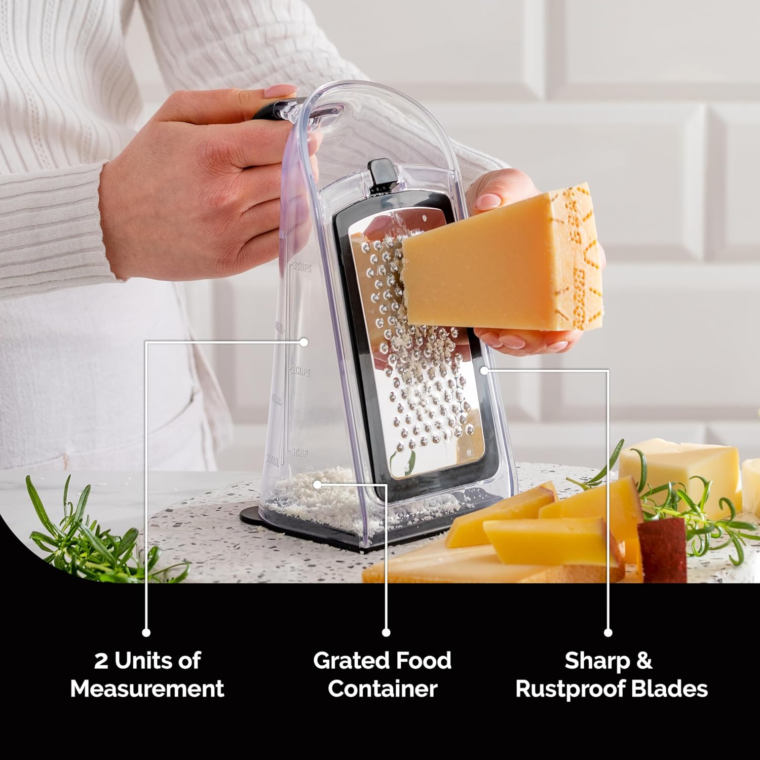 3-in-1 Stainless Steel Cheese Grater & Garlic Crusher | Box Vegetable Shredder with Handle, 3 Interchangeable Blades & Peeler Tool