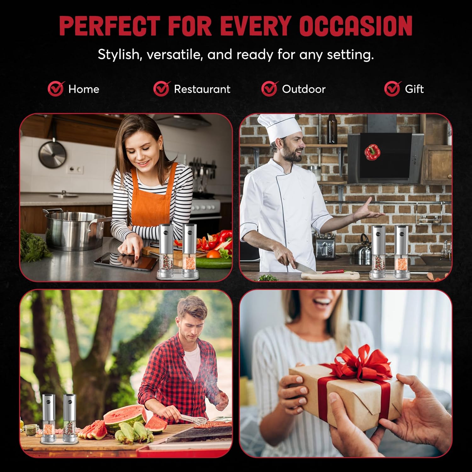 Electric Salt and Pepper Grinder Set | Battery-Operated Stainless Steel Mills with Adjustable Coarseness, One-Hand Operation, LED Light & Stand (2-Pack)