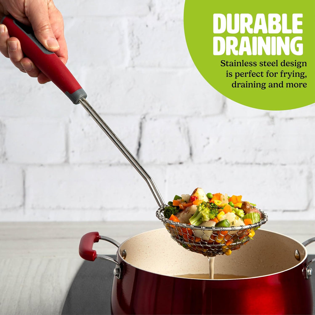 Stainless Steel Wire Skimmer Spoon | Round Strainer Ladle with Comfort Grip Handle for Frying, Scooping & Serving