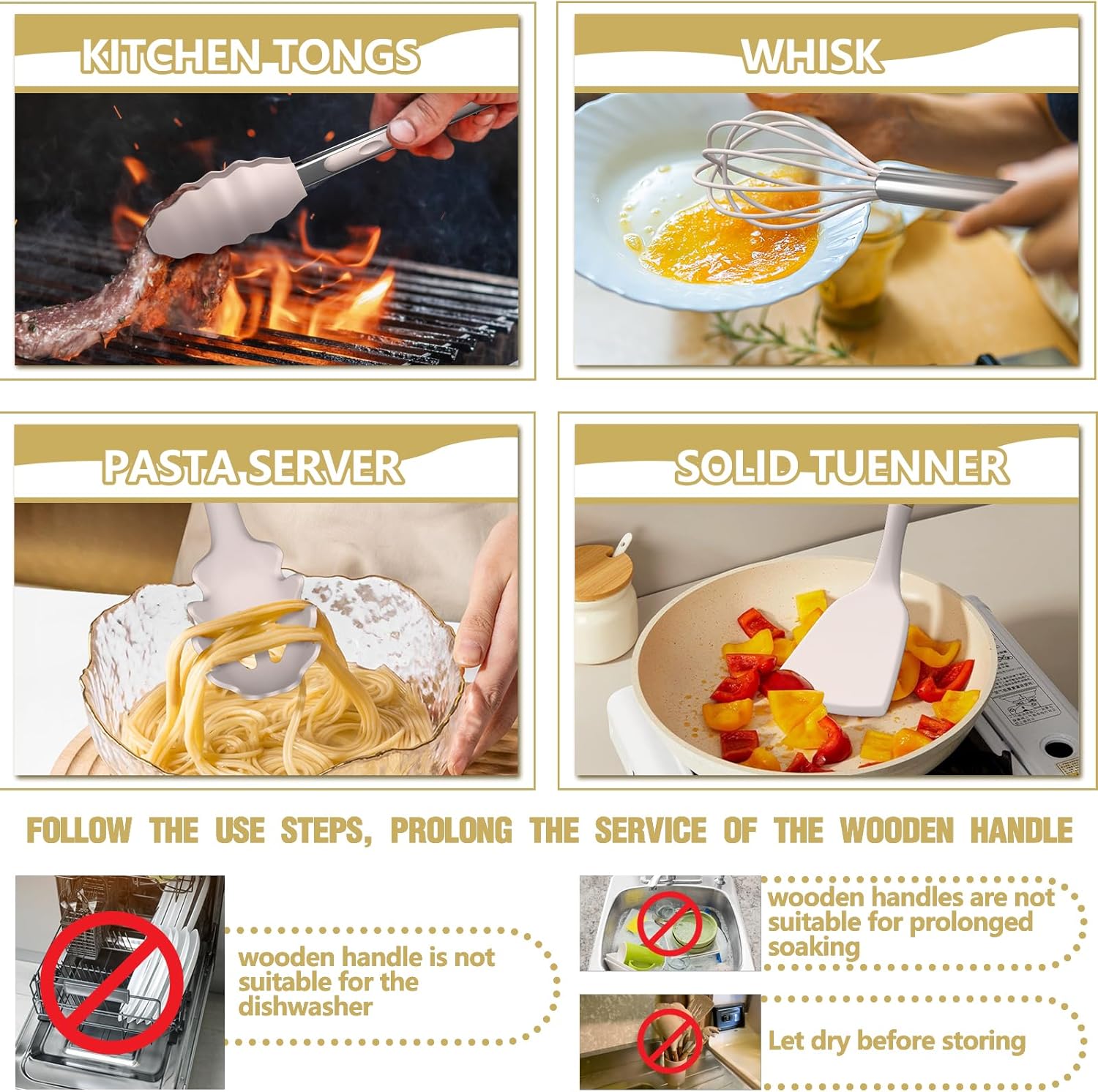 Umite Chef 34-Piece Silicone Kitchen Utensil Set | Heat-Resistant Cooking Tools & Gadgets with Wooden Handles and Grater for Nonstick Cookware