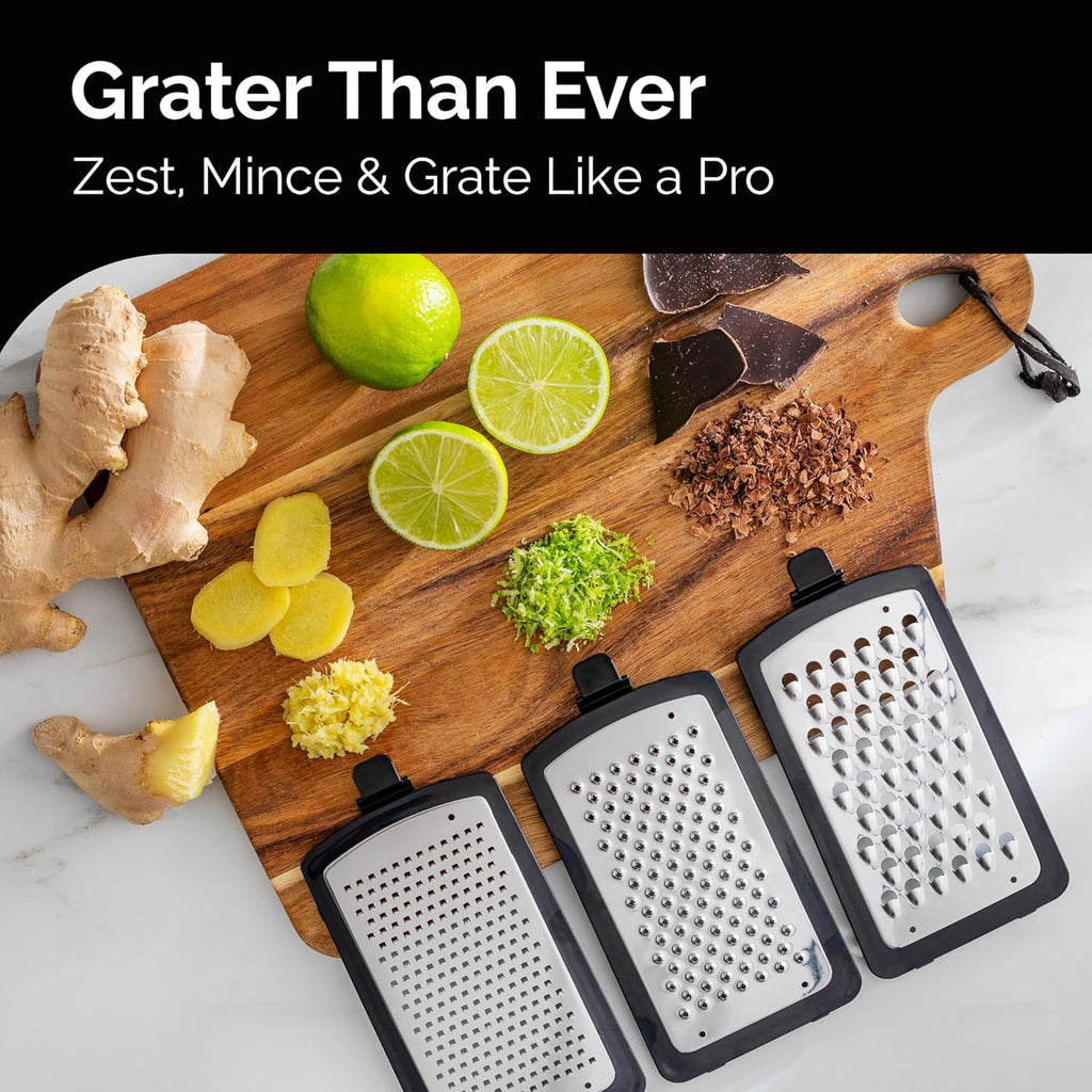 3-in-1 Stainless Steel Cheese Grater & Vegetable Shredder | Box Grater with Handle, Interchangeable Blades & Garlic Peeler