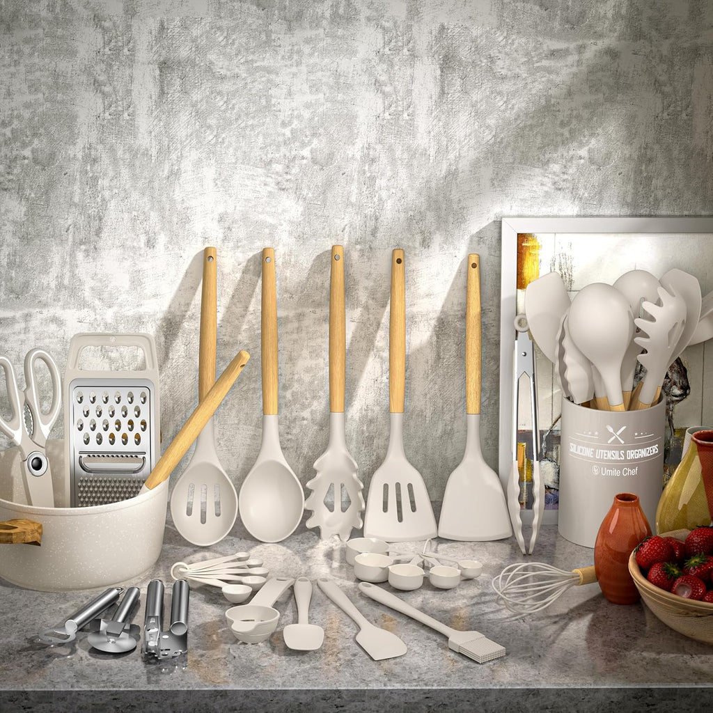 Umite Chef 34-Piece Silicone Kitchen Utensil Set | Heat-Resistant Nonstick Cooking Tools with Wooden Handles & Grater
